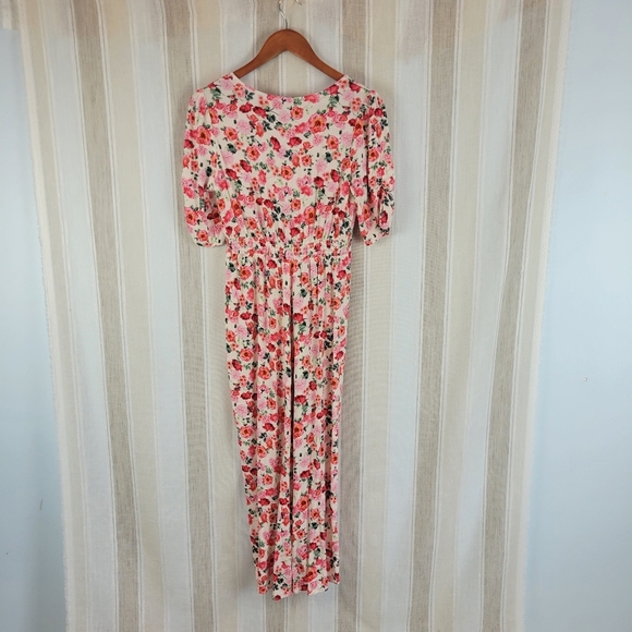 Old Navy Puff-Sleeve V-Neck Crepe Midi Dress Floral Pink Red Size Small - Picture 10 of 10